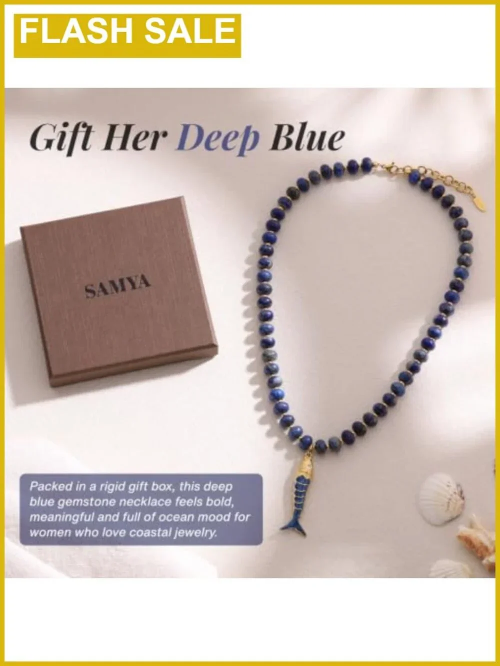 Natural Lapis Lazuli Beaded Necklace Stainless Steel Fish Pendant